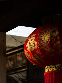 A vibrant red Chinese lantern with golden patterns captured outdoors in Hsinchu County, Taiwan.