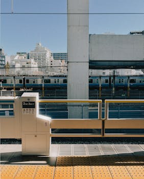 Daytime view of a modern train station in Tokyo with a passing train and urban architecture in the background.