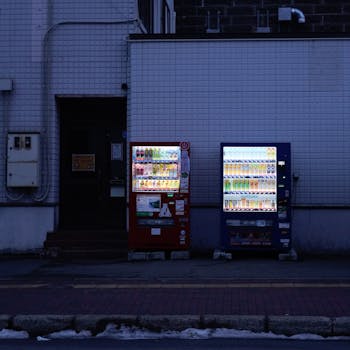 Illuminated vending machines at night on a quiet street in Japan.