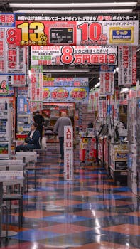 Colorful interior of a Japanese electronics store filled with eye-catching promotional signs.